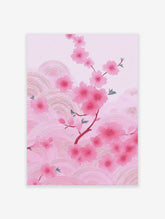 Pink cherry blossom branch illustration with delicate flowers and subtle wavy patterns on a light pink background