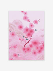 Pink cherry blossom branch illustration with delicate flowers and subtle wavy patterns on a light pink background