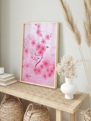 Pink cherry blossom branch illustration with delicate flowers and subtle wavy patterns on a light pink background - Image 3
