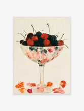 Illustrative wall art of red and dark cherries in a stemmed glass bowl on a neutral background