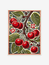 Vibrant cherry wall art print featuring red cherries and green leaves on a branch in a stylized botanical illustration.