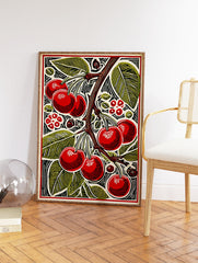 Vibrant cherry wall art print featuring red cherries and green leaves on a branch in a stylized botanical illustration. - Image 2
