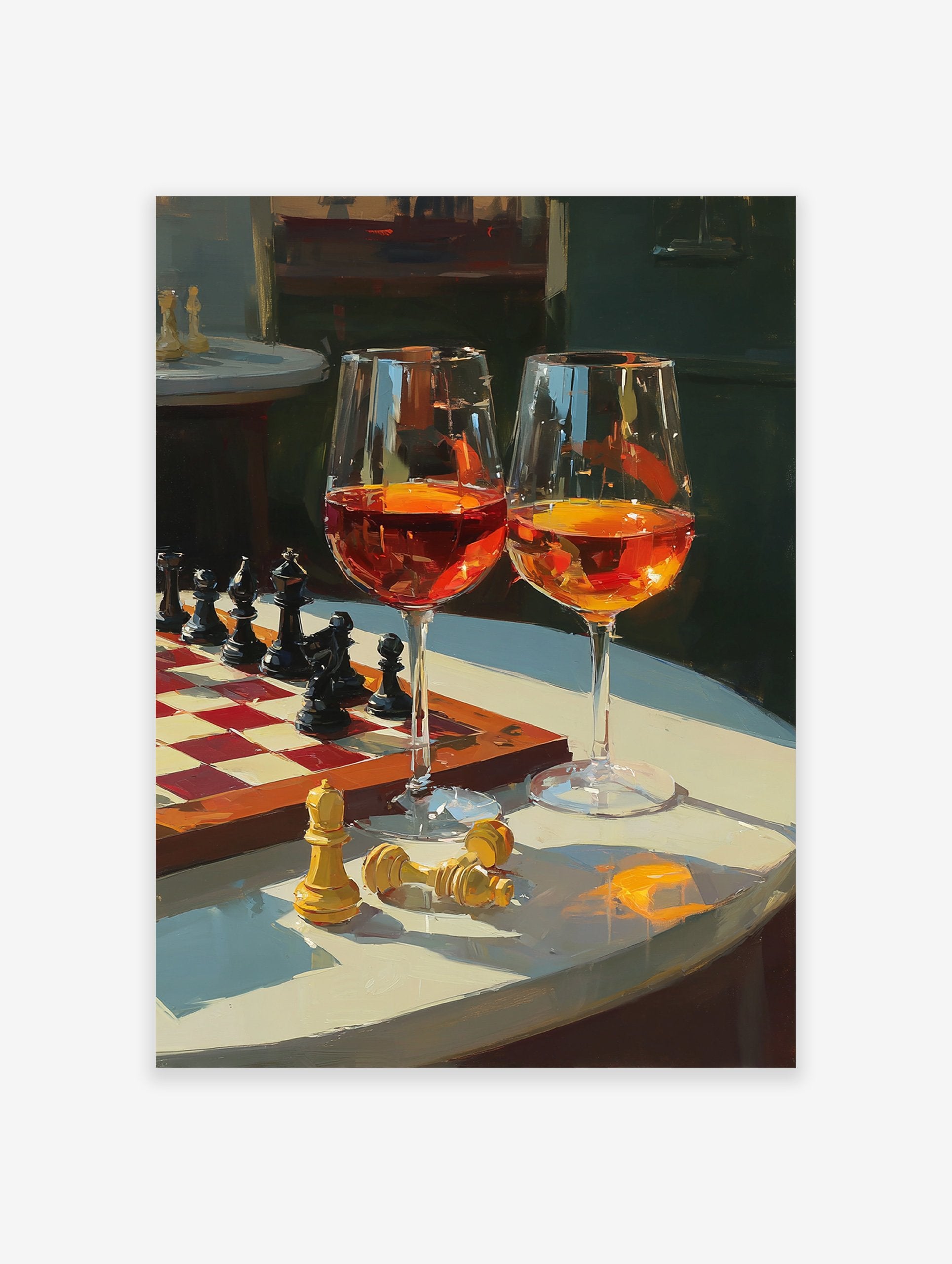 A Chess and Wine poster showing a chess board with pieces, two wine glasses, and fallen golden chess pieces on a table.
