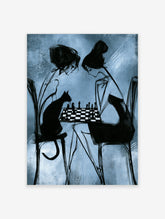 Blue and black ink illustration of two figures playing chess with a black cat on a chair
