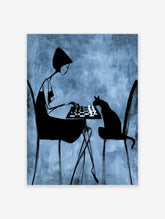 Blue silhouette poster of a woman and cat playing chess on a textured background