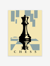 Black chess king silhouette with reflection and blue geometric blocks on cream background, CHESS text below