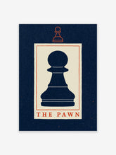 Navy blue chess pawn poster with cream background, orange border and THE PAWN text