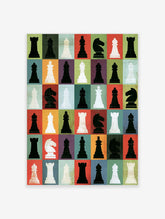 Colourful chess piece poster with black and white king, queen, knight, rook, bishop and pawn on a multicoloured grid