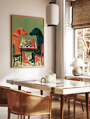 Stylised illustration of a red dog and a blue dog playing chess on a green background, in a styled room mockup
