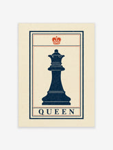 Navy blue chess queen silhouette poster with red crown and QUEEN text on cream background