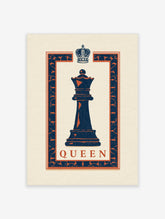 Navy blue chess queen poster with orange accents, crown motif, and QUEEN text on cream background