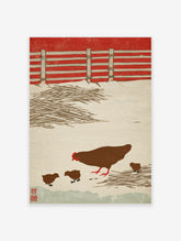 Brown hen and three chicks with red fence and straw, farm animal illustration print