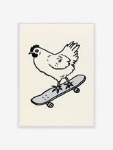 Monochrome illustration of a chicken riding a grey skateboard on a cream background. Quirky chicken skateboard wall art.
