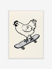Monochrome illustration of a chicken riding a grey skateboard on a cream background. Quirky chicken skateboard wall art.