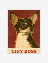 Chihuahua portrait poster with TINY BOSS text on deep red background
