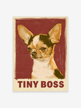 Chihuahua dog portrait with large ears and bold TINY BOSS text on deep red background art print