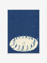 Children dancing in a circle silhouetted against a blue night sky with stars, white ground, paper print