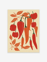 Chili pepper illustration poster featuring red and orange peppers with green stems and leaves on a light background.
