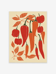 Chili pepper illustration poster featuring red and orange peppers with green stems and leaves on a light background.