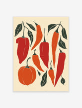 Chili pepper poster featuring red and orange peppers, a small pumpkin, and green leaves in an illustrative style on a cream background.
