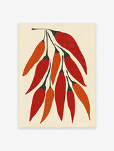 Red and orange chili pepper illustration poster with black stems on a cream background, modern kitchen wall art print.