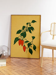 Botanical illustration of orange chili peppers on a green leafy branch against a textured mustard yellow background. - Image 2