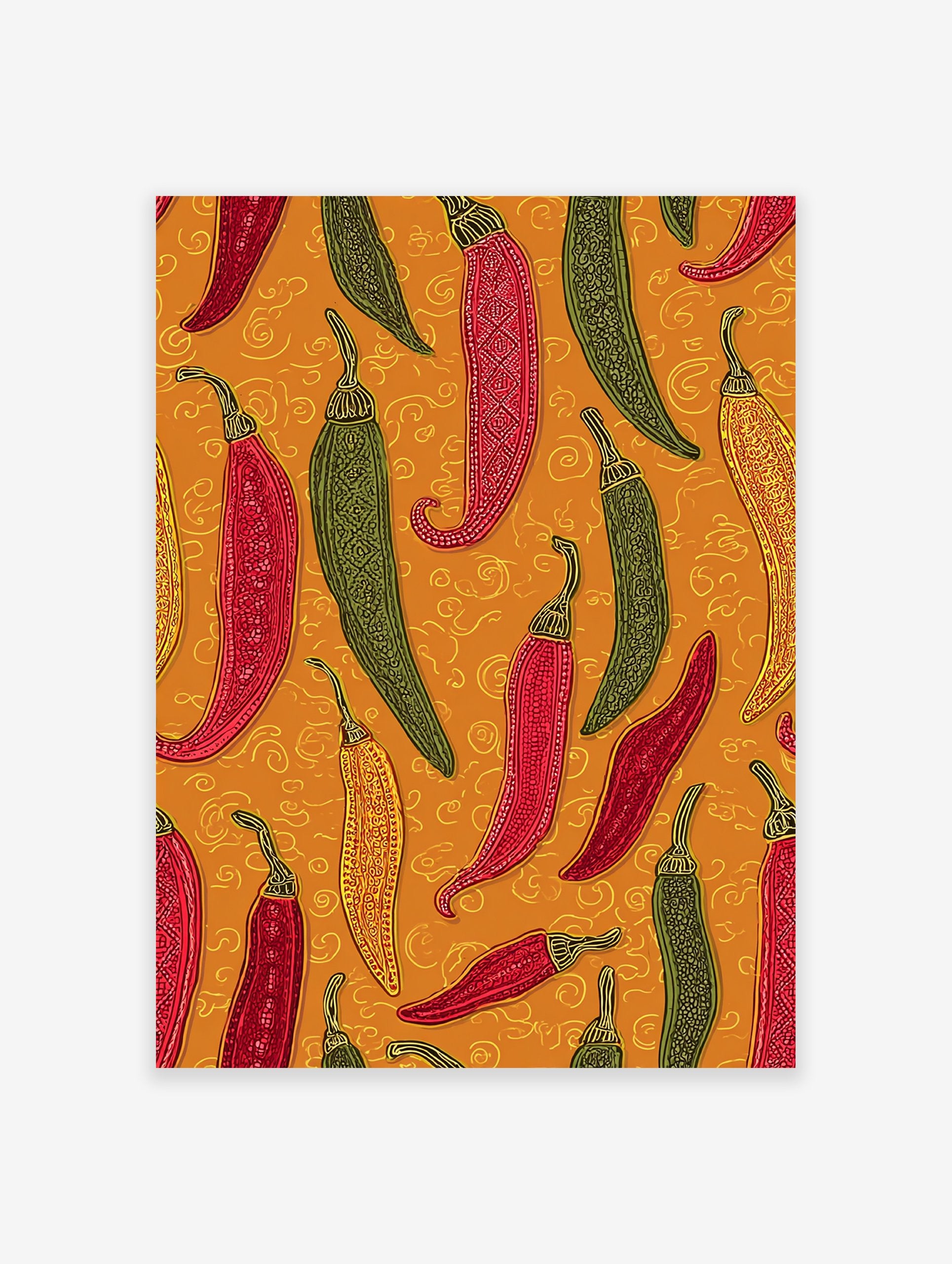 Colorful chili pepper wall art print featuring red, green, and yellow peppers with folk art patterns on an orange background.