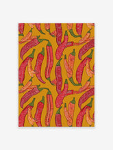 Vibrant red and orange chili pepper wall art pattern with intricate white details on a mustard yellow background, illustrative style.