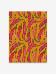 Vibrant red and orange chili pepper wall art pattern with intricate white details on a mustard yellow background, illustrative style.