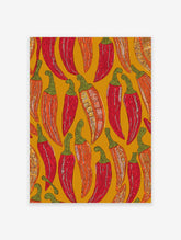 Vibrant illustrated chili pepper pattern wall art print featuring red, orange, and green peppers on a mustard yellow background.