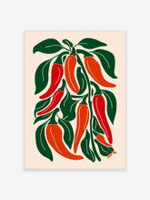 Botanical chilli pepper art print with red and orange chillies and green leaves on cream background