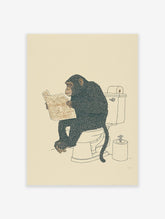 Humorous chimpanzee wall art illustration of a chimp sitting on a toilet reading a newspaper on a cream background.
