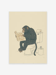 Humorous chimpanzee wall art illustration of a chimp sitting on a toilet reading a newspaper on a cream background.