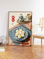 Traditional Chinese food art print of dim sum buns on a blue and white plate with chopsticks, tea set, and steamer. - Image 2