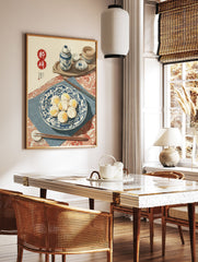 Traditional Chinese food art print of dim sum buns on a blue and white plate with chopsticks, tea set, and steamer. - Image 3