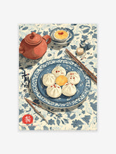 Chinese food art print illustrating steamed buns, a teapot, and custard on a blue and white patterned tablecloth.