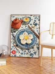 Chinese food art print illustrating steamed buns, a teapot, and custard on a blue and white patterned tablecloth. - Image 2