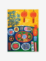 Vibrant Chinese Food Poster illustrating a table with various colorful dishes, chopsticks, lanterns, and blue leaves on a yellow background.
