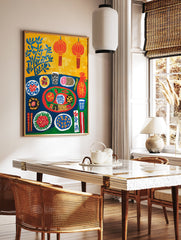 Vibrant Chinese Food Poster illustrating a table with various colorful dishes, chopsticks, lanterns, and blue leaves on a yellow background. - Image 2
