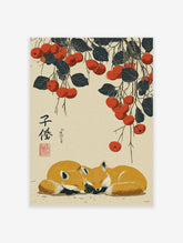 Illustrative Chinese fox wall art print with two sleeping foxes under branches of red berries and dark leaves on a light background.