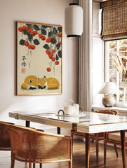 Illustrative Chinese fox wall art print with two sleeping foxes under branches of red berries and dark leaves on a light background. - Image 3