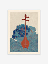 Chinese Sanxian instrument wall art with blue floral patterns and blue wave designs on a beige background.