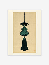 Decorative Chinese knot and gourd tassel illustration in deep teal and black on a beige background wall art print