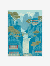 Illustrative Chinese landscape art print with blue mountains, a waterfall, green trees, and traditional temples.