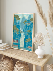 Illustrative Chinese landscape art print with blue mountains, a waterfall, green trees, and traditional temples. - Image 3