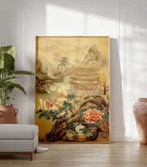 A Chinese Landscape Pagoda poster showing a multi-tiered pagoda, mountains, water, and large pink peonies in the foreground. - Image 3