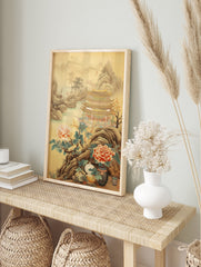 A Chinese Landscape Pagoda poster showing a multi-tiered pagoda, mountains, water, and large pink peonies in the foreground. - Image 4