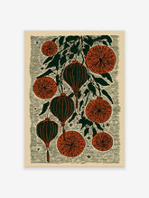 Chinese Lantern Wall Art with botanical oranges and leaves in a folk art block print style on a cream background