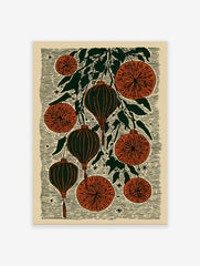 Chinese Lantern Wall Art with botanical oranges and leaves in a folk art block print style on a cream background