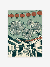 Chinese New Year fireworks wall art with red lanterns, traditional houses, and crowd on green background